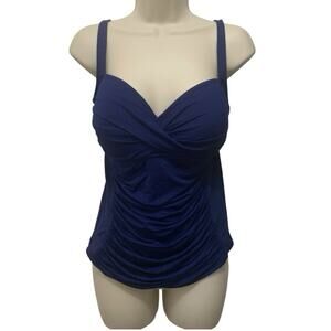LA Blanca Tankini Top 14 Navy Blue Ruched Slimming Adjustable Strap NWT
